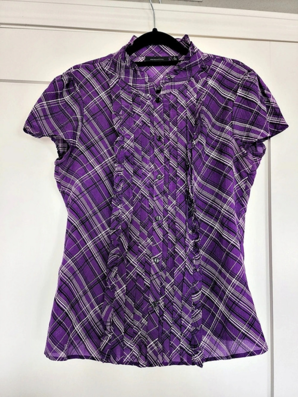 SEMANTIKS Purple Plaid 100% Silk Ruffle Blouse Size Small Button Front